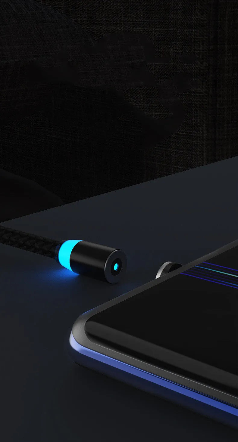 Gold magnetic phone charging cable with breathing light, showing detachable magnetic heads for Apple Lightning and TYPE-C connectors.