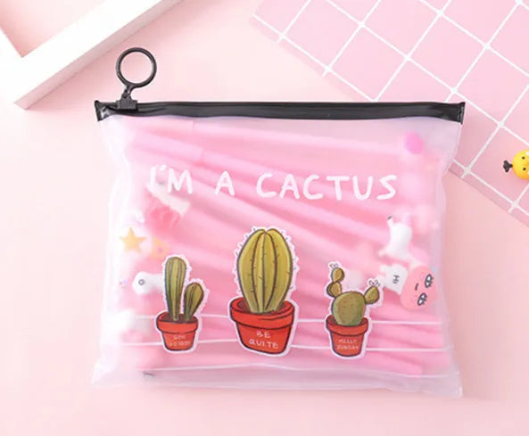 Marvel plastic pen case open showing twenty cartoon cactus design 0.5mm black pens inside.