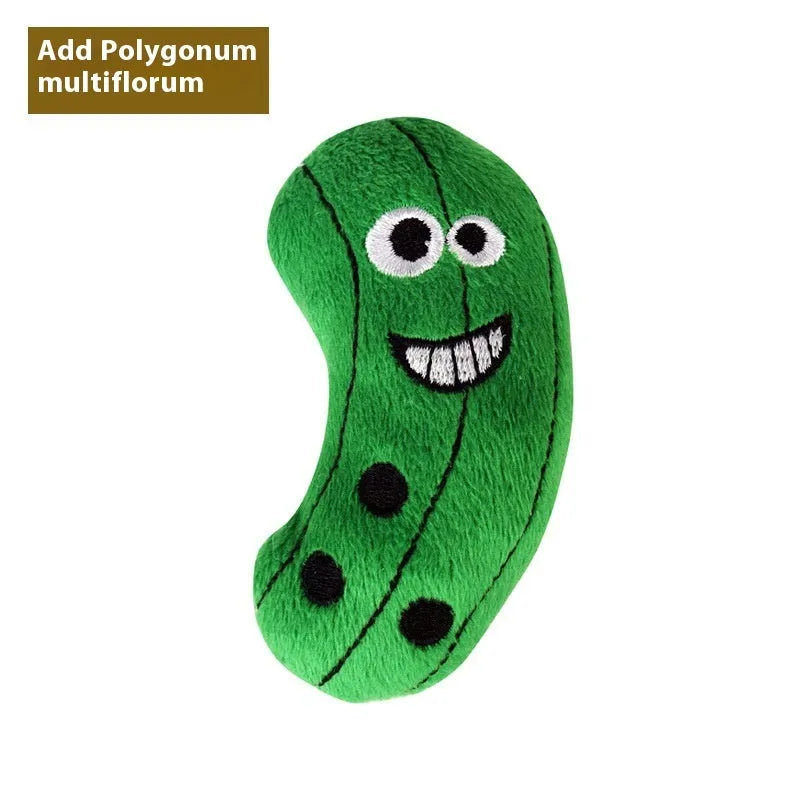 Tiantianmao set of six plush cat toys shaped like food: burrito, cone, cucumber, mushroom, pineapple, and pizza.