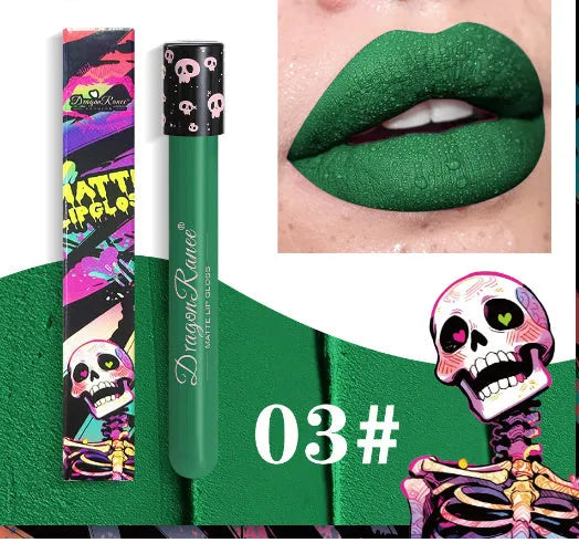 Halloween retro matte lip gloss in test tube skull packaging showing gold silver colours