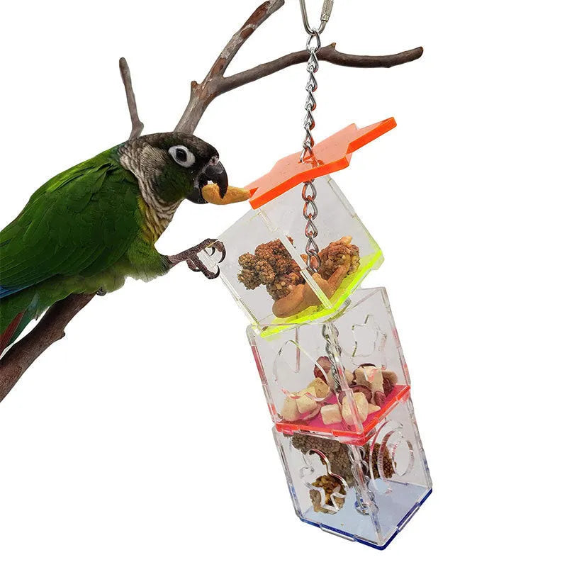 Clear acrylic bird foraging toy for parrots measuring 32 cm long