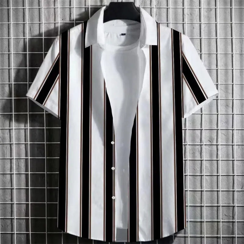 Men's linen short sleeve t-shirt with simple 3D printed striped pattern, shown in one of seven available colours.
