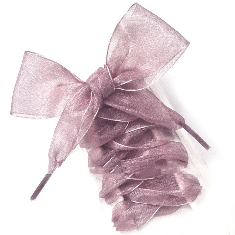Wide 4cm transparent silk shoelaces in beige, black, and wine red colours, showing length.