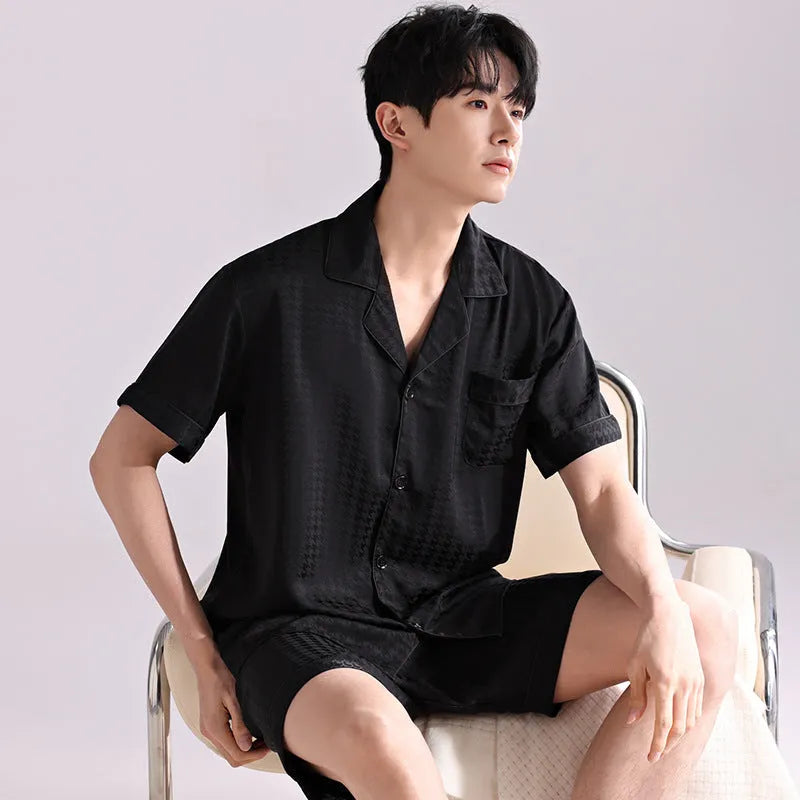 Men's ice silk pyjama set in artificial silk with shorts length and cardigan style in satin jacquard pattern