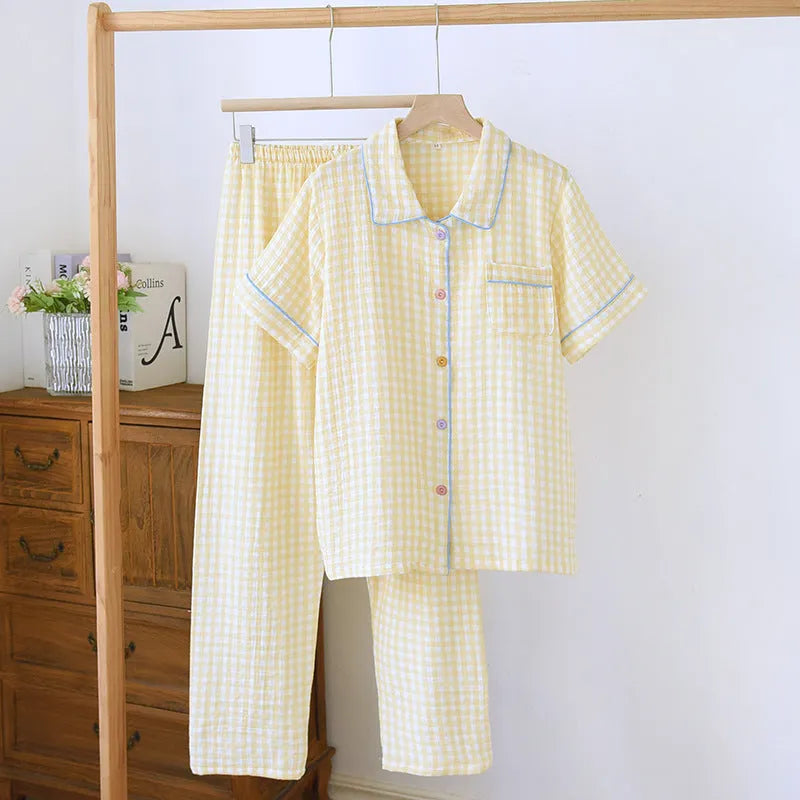 Women's yellow plaid washed cotton gauze short-sleeved top and loose trousers casual outfit set.