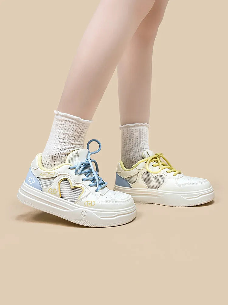 Korean style mesh breathable sneakers in Meow Rabbit Sea Salt Cheese colour with rubber soles and lace-up closure