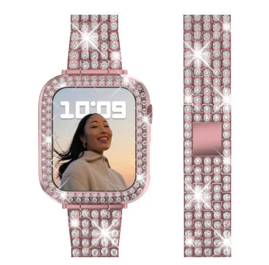 Apple Watch case with double diamond glass screen protector in rose pink colour on a 44mm watch.