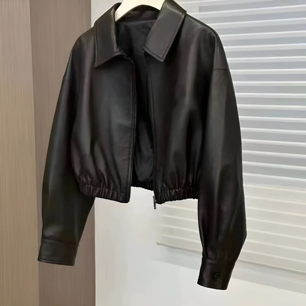 Black womens imitation leather square-neck zip jacket with princess sleeves