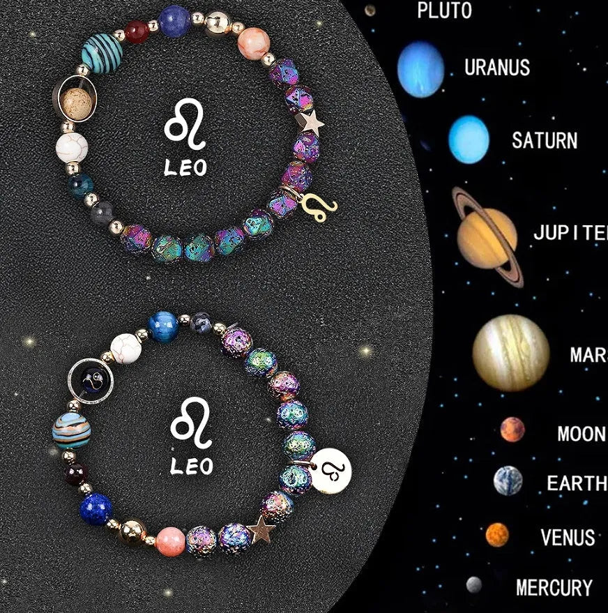 Two natural stone beaded bracelets laid out, each featuring designs for different zodiac signs.