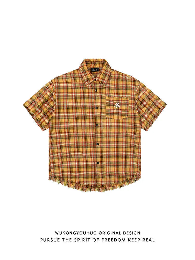 Yellow plaid short sleeve shirt with embroidery pocket detail