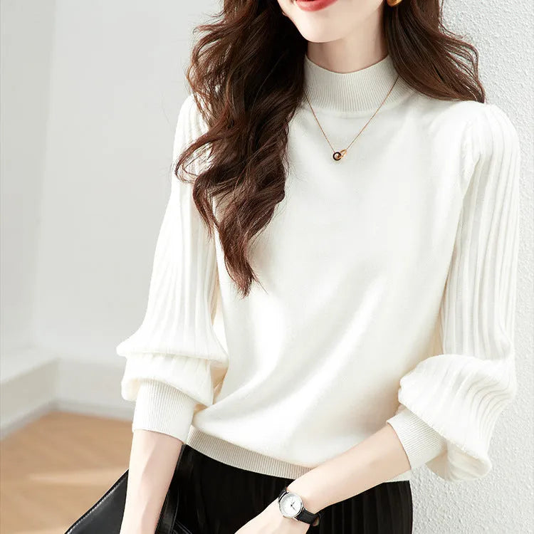 Women's slim fit half turtleneck casual shirt with sunken stripe pattern in apricot colour