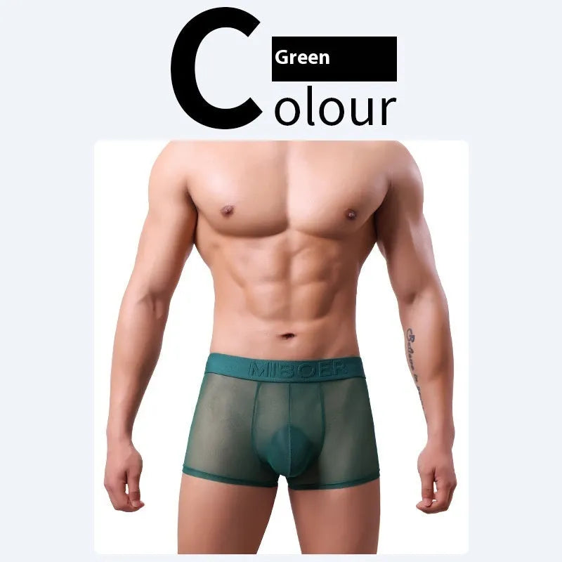 Men's thin invisible breathable boxer shorts in six colour options showing quick-dry polyester fabric construction