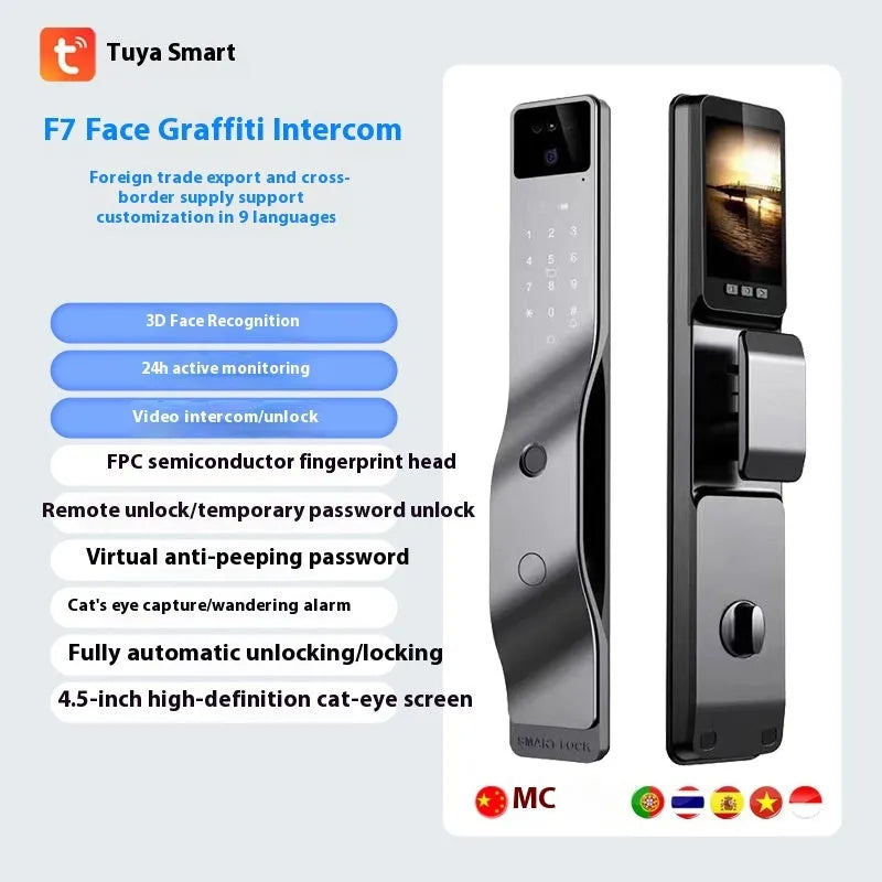 F7 face intercom smart door lock with fingerprint scanner and keypad in aluminium alloy housing