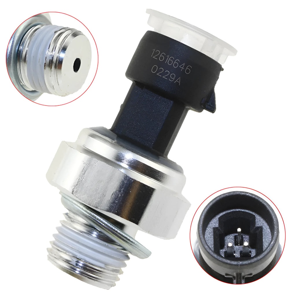 Oil pressure sensor for Buick and Chevrolet vehicles, part numbers 12573107 12567323 displayed.