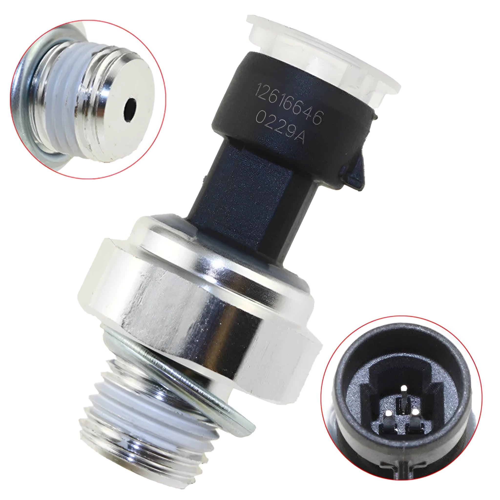 Oil pressure sensor for Buick and Chevrolet vehicles, part numbers 12573107 12567323 displayed.