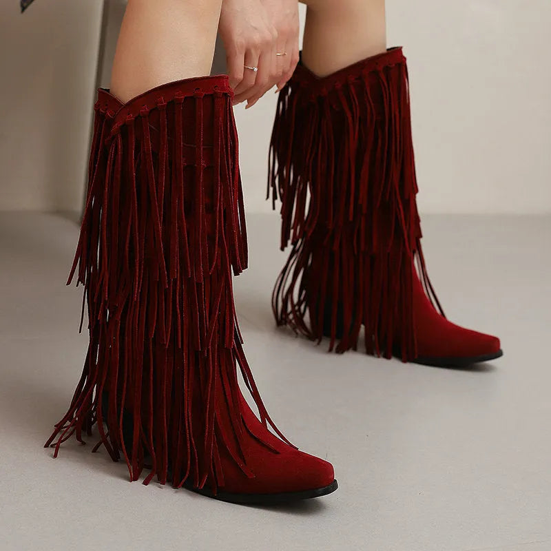 Women's suede high boots with chunky heel and tassel detail in multiple colours