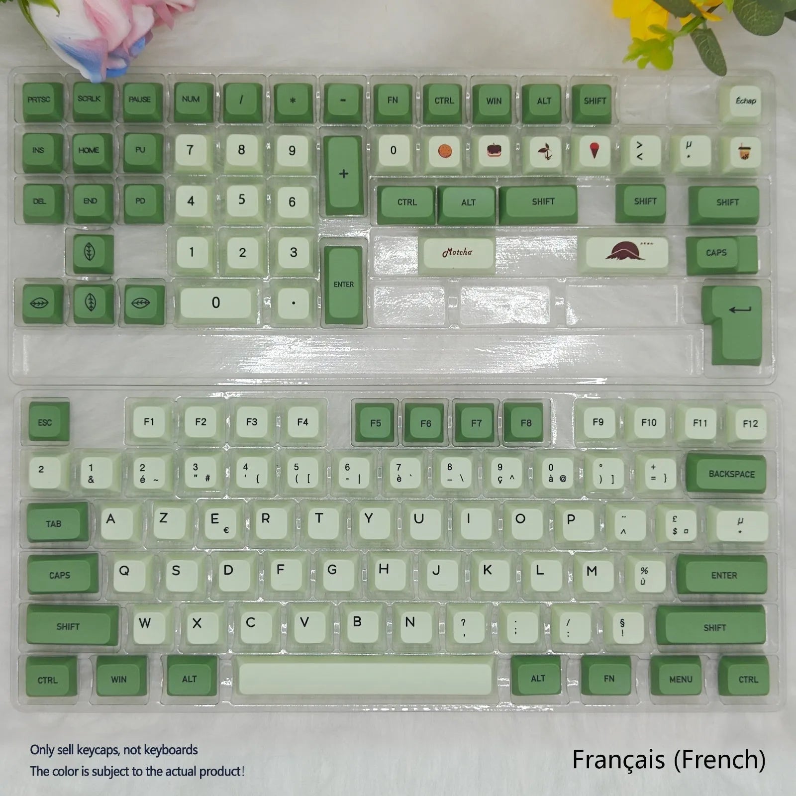 124 PBT keycaps in Matcha green colour arranged by language layout for mechanical keyboards