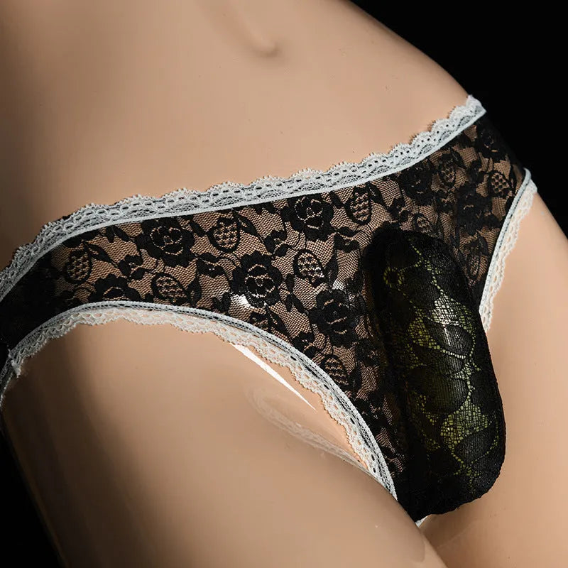 Qing He men's lace underwear with vertical bag egg pouch design in black lace fabric