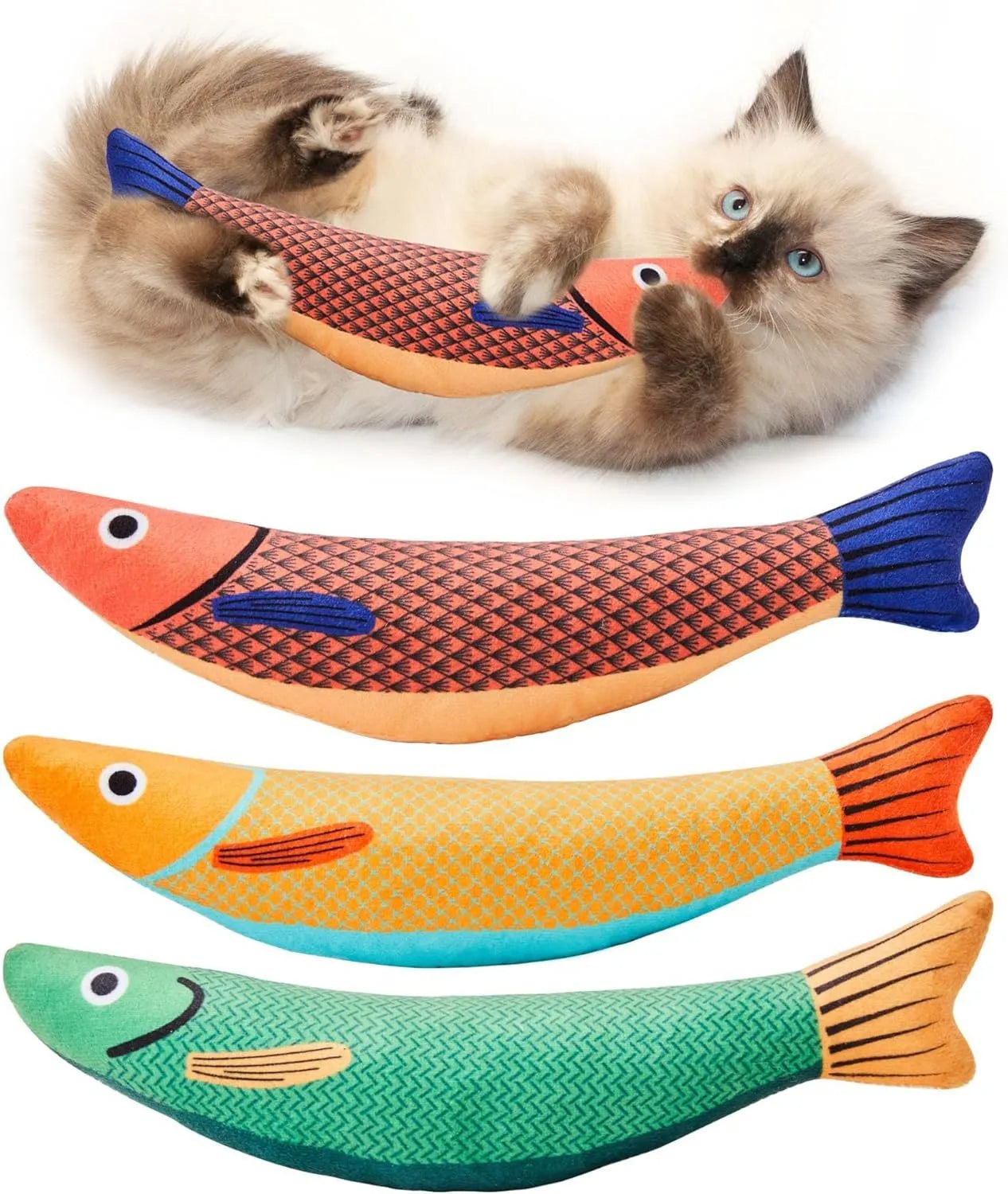 Soft plush catnip fish toy in bright colours measuring 24cm for interactive cat play