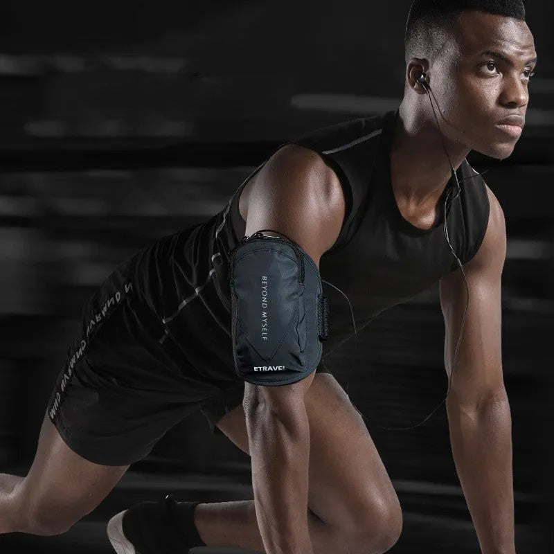 Reflective running arm bag with 7 inch capacity shown in three colour options