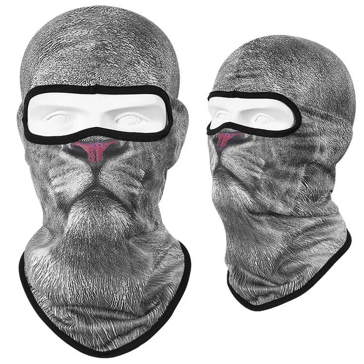 Breathable Bakool silk motorcycle skull mask in a graphic design, laid flat showing its 36cm by 29cm size.