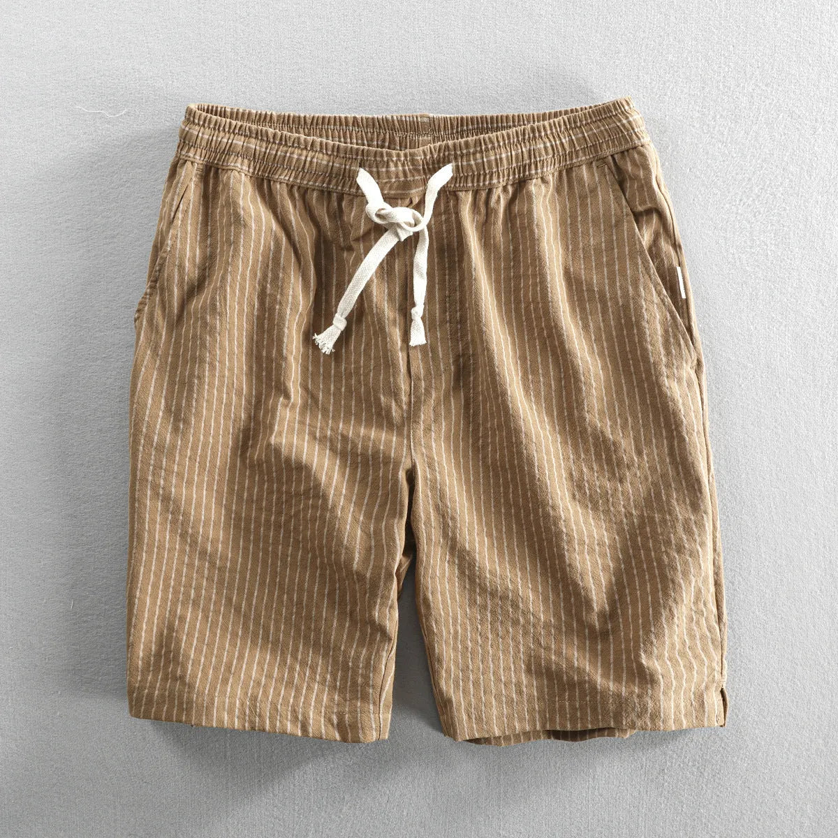 Men's striped cotton casual shorts in light blue with straight leg and mid waist design