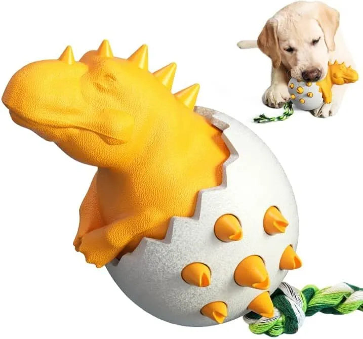 Durable dinosaur-shaped dog teething toy with rope attachment in blue, green, orange or yellow