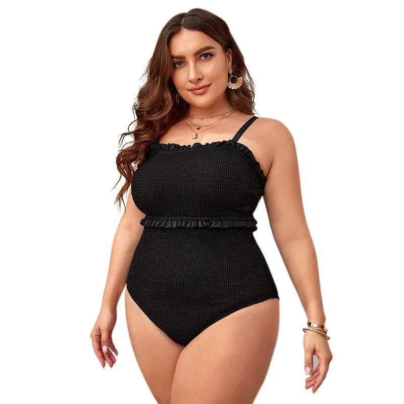 Black plus size women's triangle bikini swimsuit with double shoulder straps