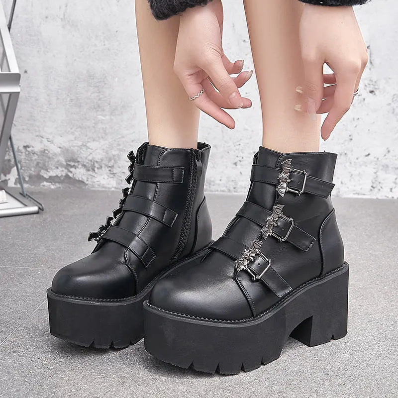 Black women's punk Martin boots with side zipper, bat buckle, and thick platform heel