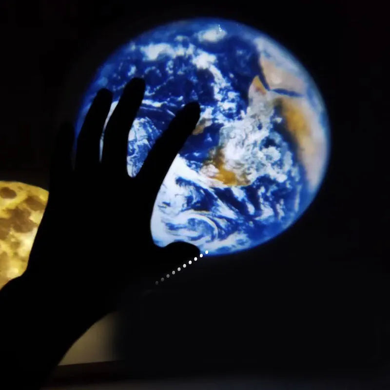 Earth and moon LED projector lamp on its adjustable hose bracket, showing USB cable.