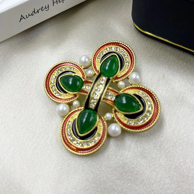 Close-up of a vintage zinc alloy baroque cross brooch with crystals, showing one of eight available colour styles.