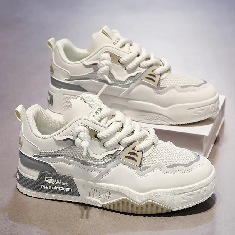 Men's low-top board shoes with soft rubber soles in beige, white and black, and white and yellow colour options