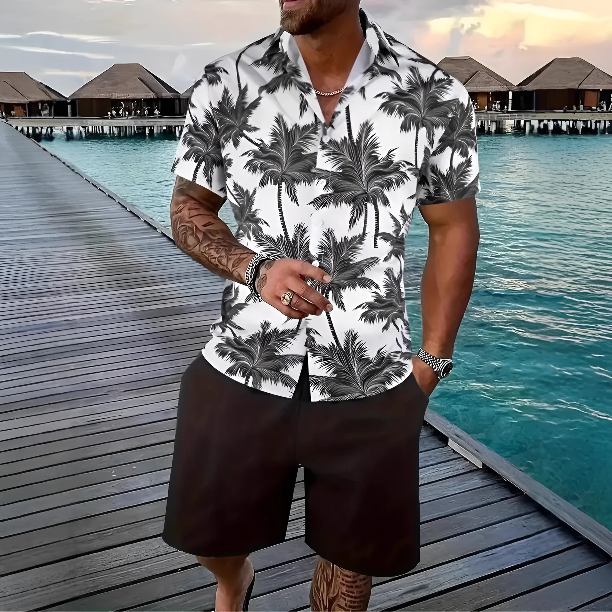 Men's Hawaii 3D printed short sleeve top and shorts leisure suit set on a hanger.