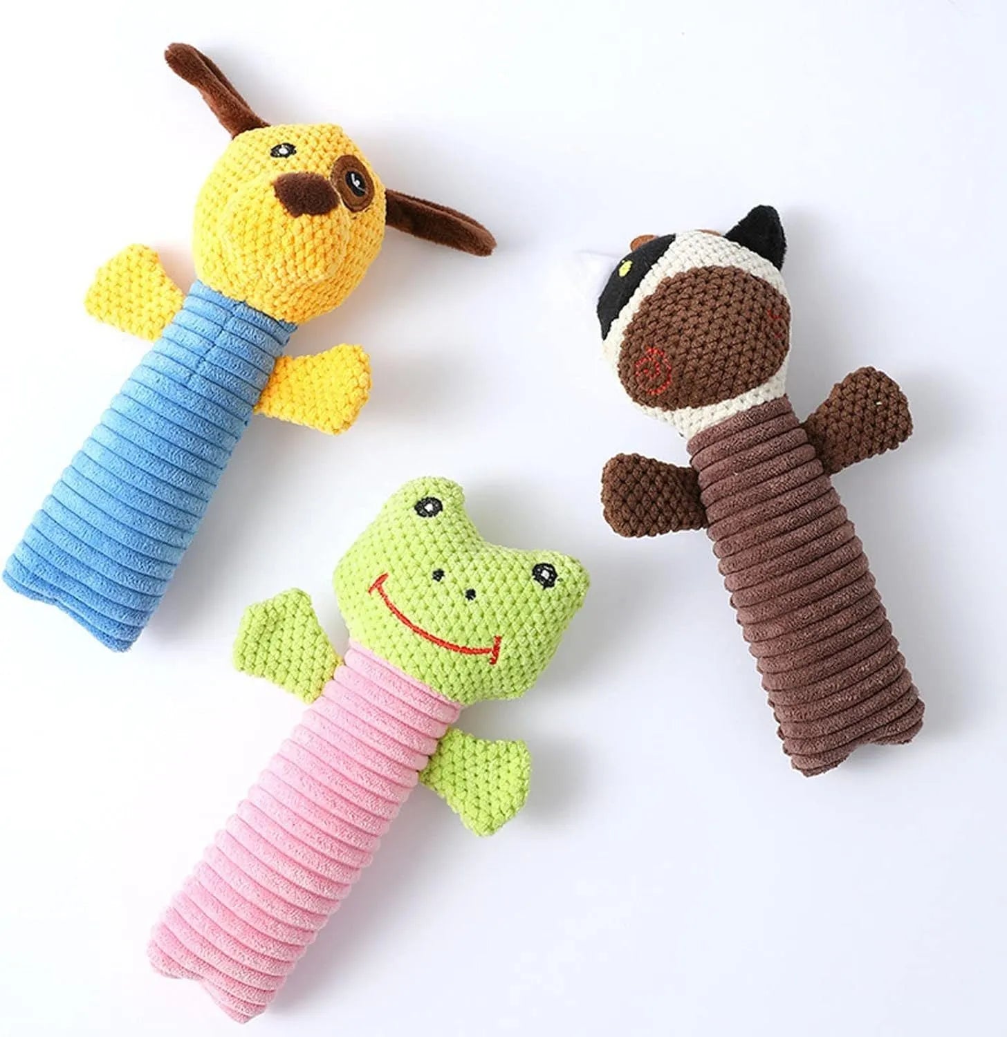 Squeaky stuffed dog chew toy in animal design for dental cleaning and teething relief