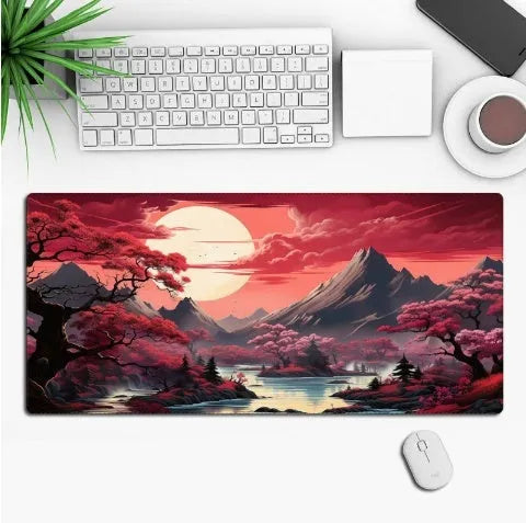 Hot anime series gaming mouse pad with colourful graphic, shown on a desk with a mouse.