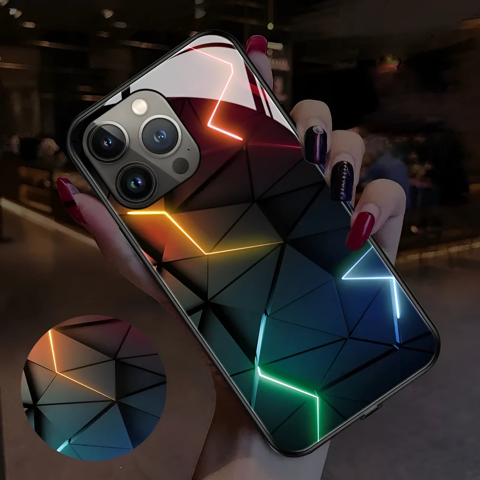Luminous technology iPhone case with TPU and tempered glass construction showing Technology Bear design