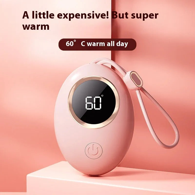 USB-powered hand warmer with digital display in six colour options including blue, green, pink and white finishes