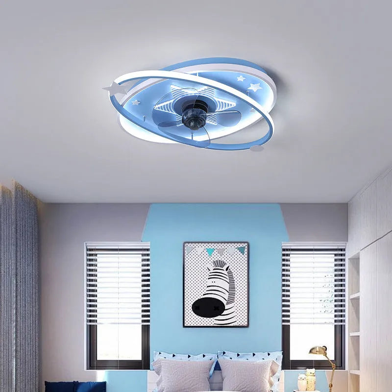 Modern blue children's bedroom chandelier with remote control on a ceiling