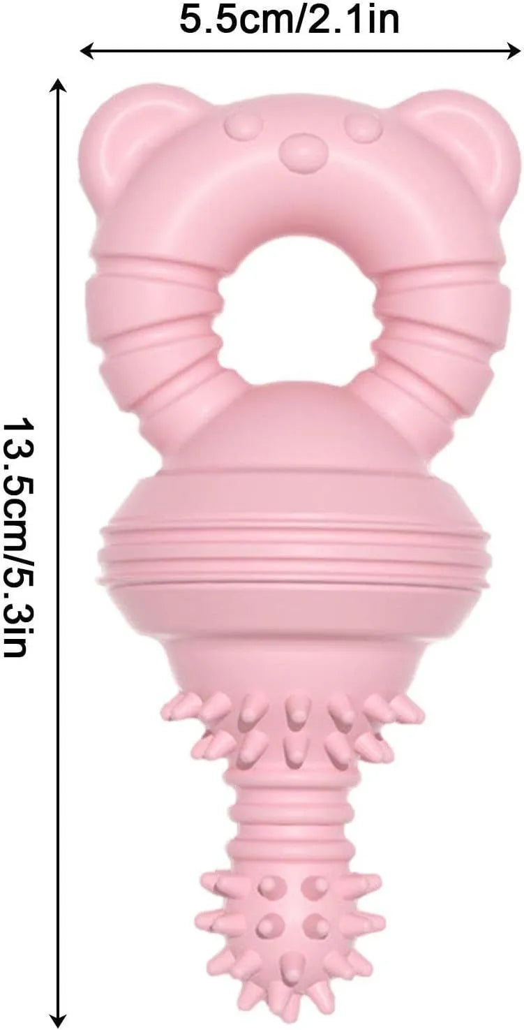 Blue rubber dog chew toy with textured surface for cleaning teeth, shown next to a measuring tape indicating 13.5 cm size.