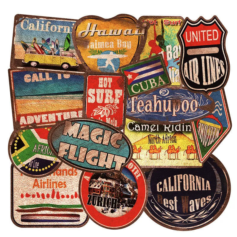 Set of 36 retro beach themed waterproof PVC stickers with matte finish, sizes 6-10cm
