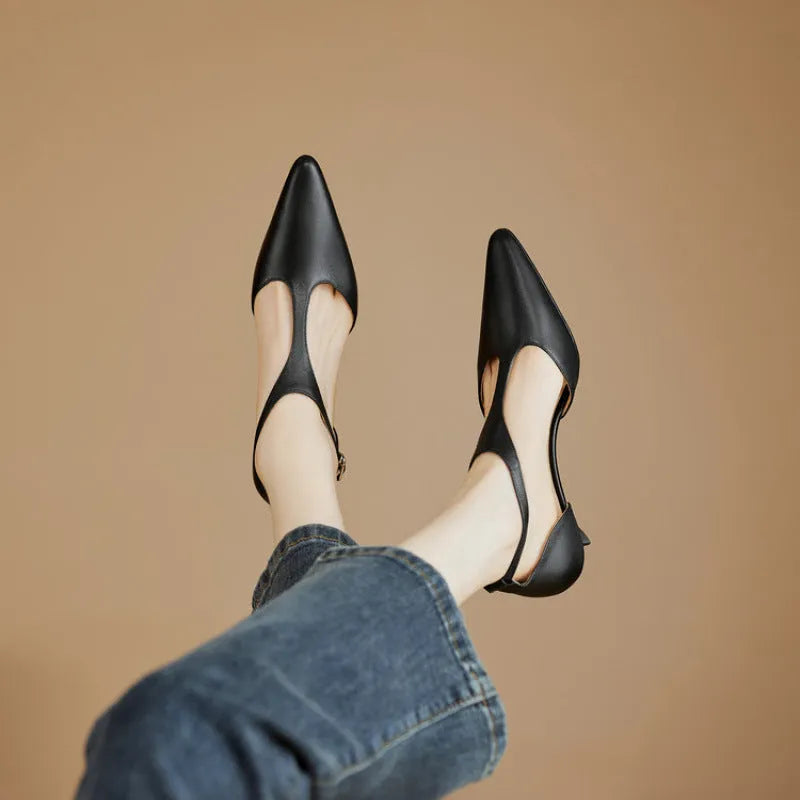 Women's brown cowhide leather pointed toe vintage high heels UK size 37