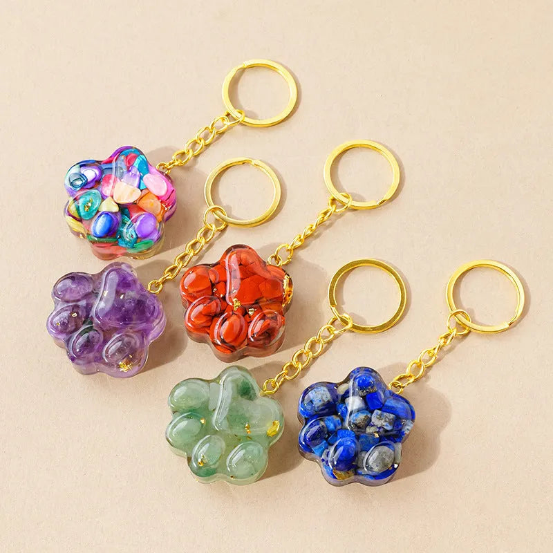 Natural crystal cat's paw keychain with small pendant and gemstone beads