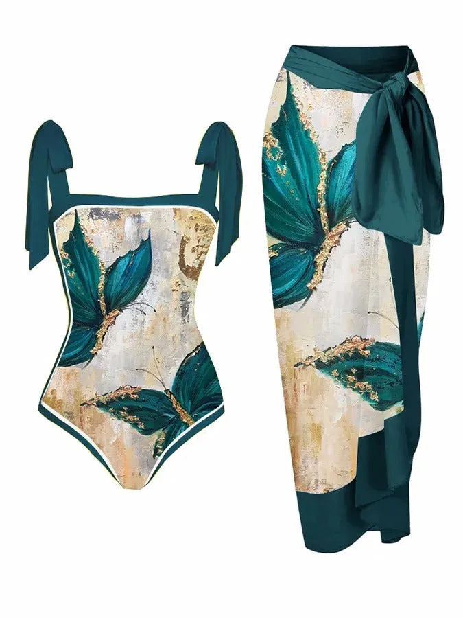 Women's printed floral two-piece swimsuit with a matching chiffon hip skirt.