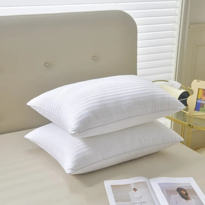 White cotton satin stripe pillow with a 2cm stripe, shown in low, medium, and high loft versions.