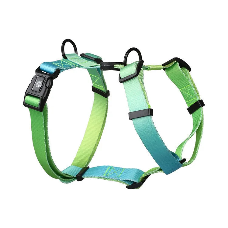 Gradient colour dog harness with chest straps in purple, blue, neon, or green patterns