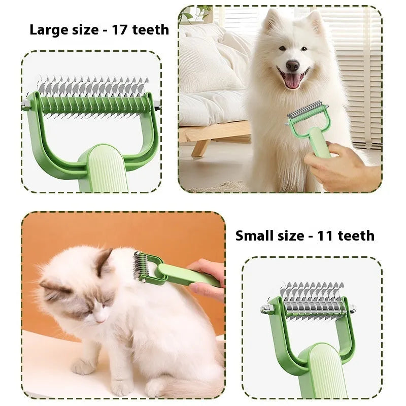 Dog grooming comb with stainless steel teeth and PP plastic handle in green or grey colour