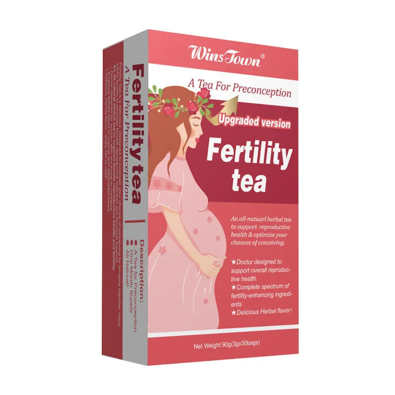 Fertility tea box containing 3 packs of 30 herbal tea bags for reproductive wellness support