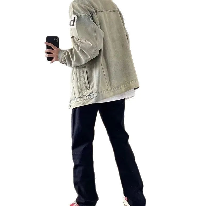 Men's washed workwear retro denim jacket in slim fit polyester fabric, regular length, long sleeves, available in multiple colours