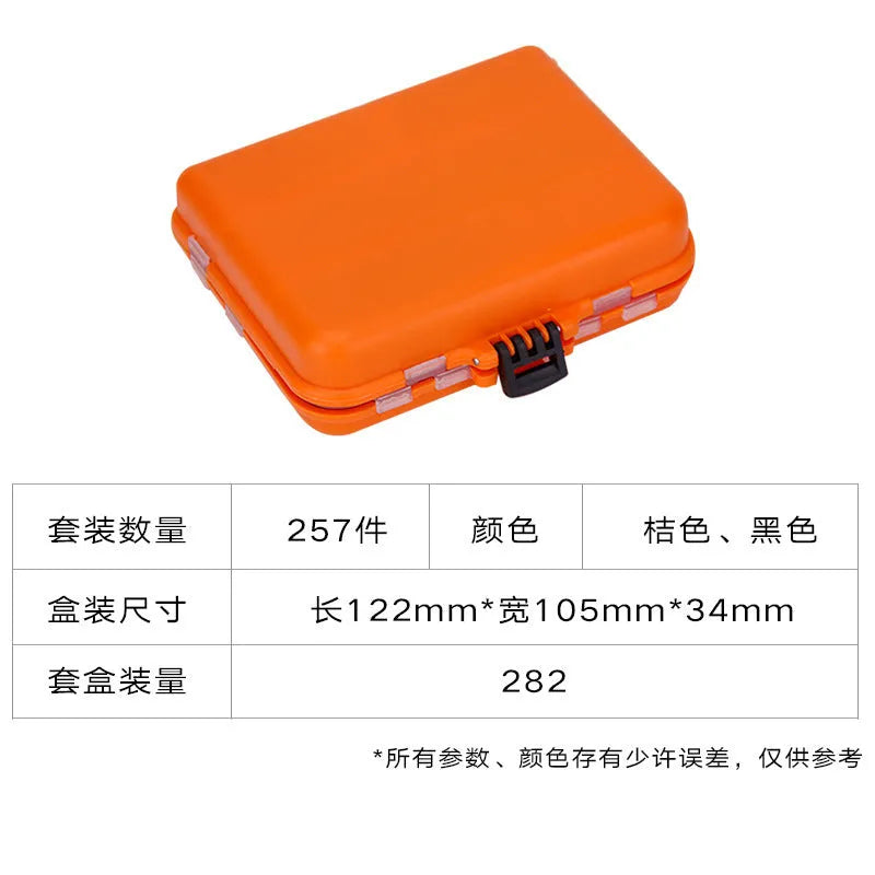 Orange ABS plastic box open to show compartments filled with fishing hooks and lure accessories.