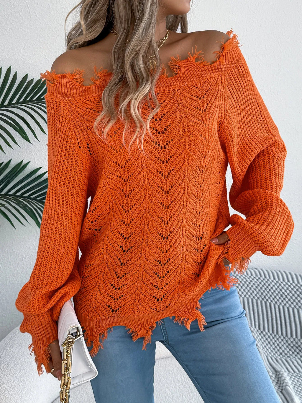 Women's white hollow-out pattern pullover sweater with cut off-the-shoulder design